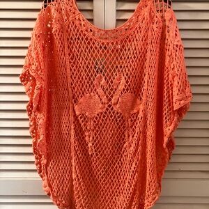 India Boutique Coral Flamingo Crochet Beach Cover-Up